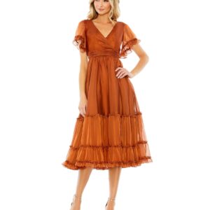 Mac Duggal Women's Tea Length Ruffled Dress w/ Sheer Flutter Sleeves - Rust