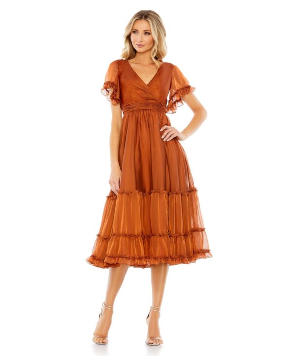 Mac Duggal Women's Tea Length Ruffled Dress w/ Sheer Flutter Sleeves - Rust