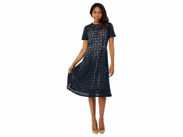 Maggy London Short Sleeve A-Line Midi Dress with Jewel Neck (Navy) Women's Dress