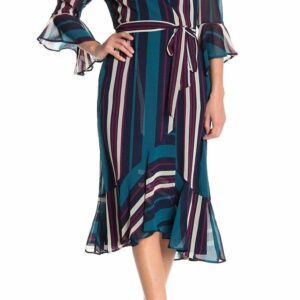 Maison Tara - 91116M Tea Length Stripe Wrap Chiffon Dress