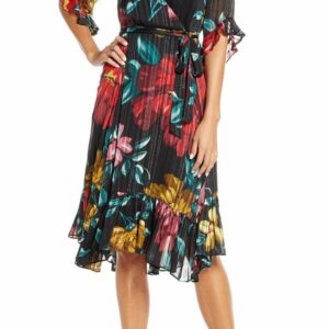 Maison Tara - 91125M Tea Length Floral Metallic Wrap Style Dress