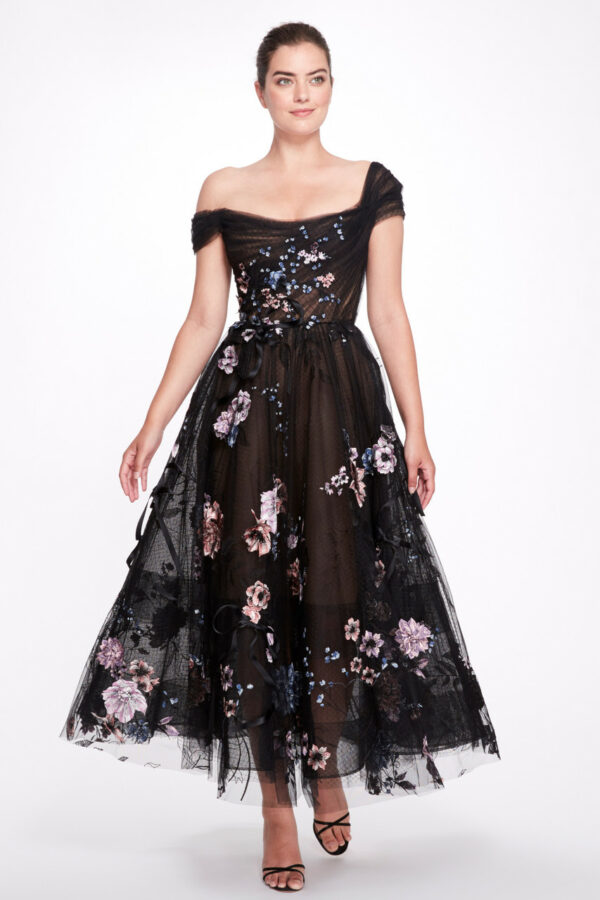 Marchesa Floral Appliquéd Tea Dress