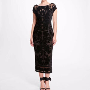 Marchesa Notte Cap Sleeve Velvet Cutwork Tea-Length Dress