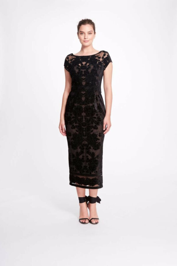 Marchesa Notte Cap Sleeve Velvet Cutwork Tea-Length Dress