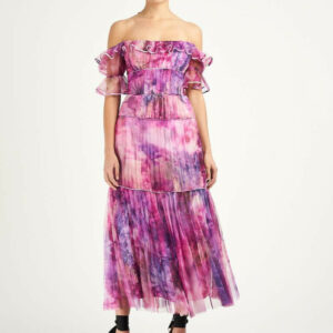 Marchesa Notte Off the Shoulder Chiffon Tea Dress