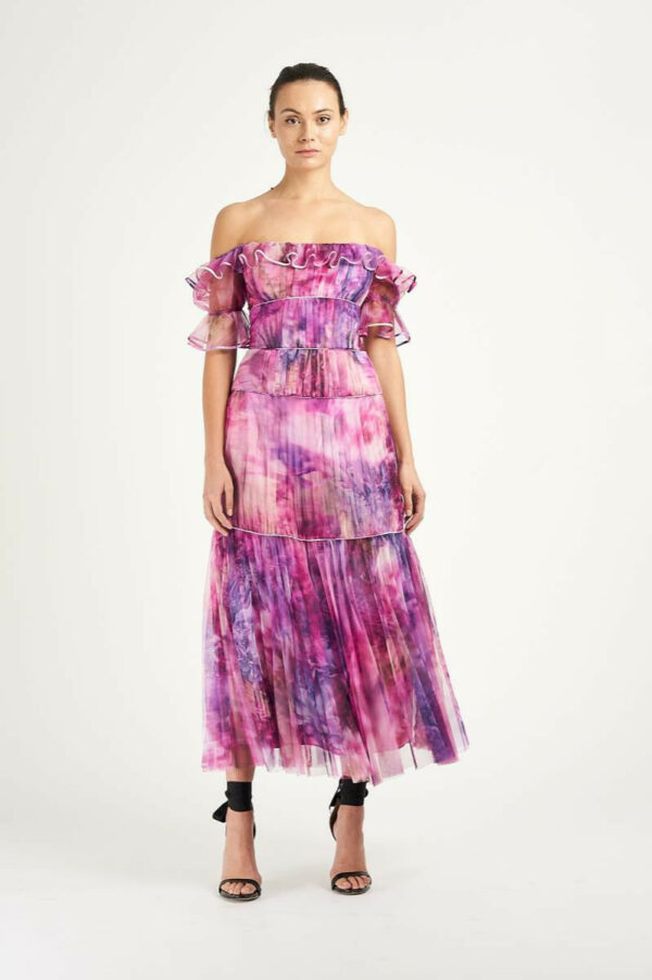 Marchesa Notte Off the Shoulder Chiffon Tea Dress