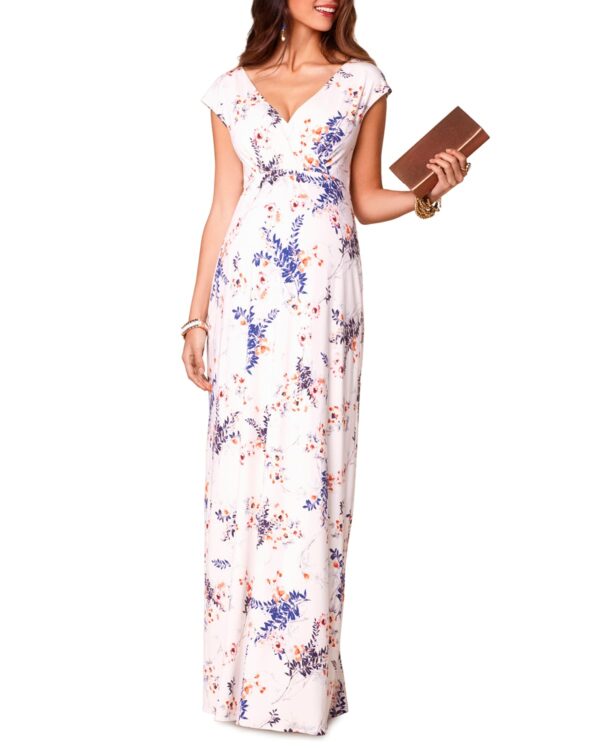 Maternity Leaf-Print V-Neck Cap-Sleeve Maxi Dress