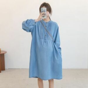 Maternity Long-Sleeve Button-Up Denim Smock Dress