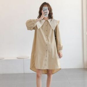 Maternity Long-Sleeve Collared Shirt Dress Khaki - One Size