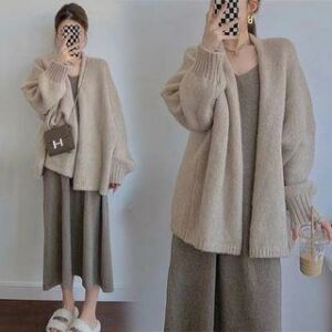 Maternity Plain Oversized Open Front Cardigan / Spaghetti Strap Midi Smock Dress Dress - Light Coffee - XL