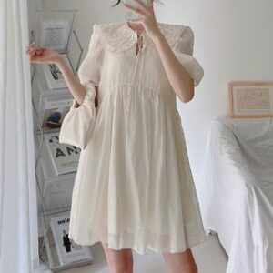 Maternity Puff-Sleeve Collar Flower Embroidered Mini Smock Dress / Plain Undershorts