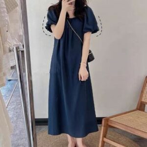 Maternity Puff-Sleeve Plain Midi Smock Dress