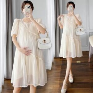 Maternity Puff-Sleeve Round Neck Plain Braided Trim Tunic Dress