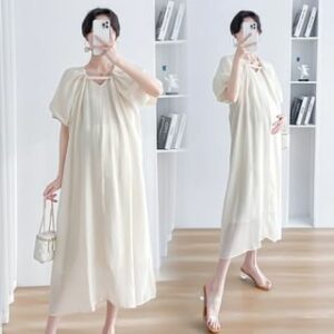 Maternity Puff-Sleeve V-Neck Plain Midi Smock Dress