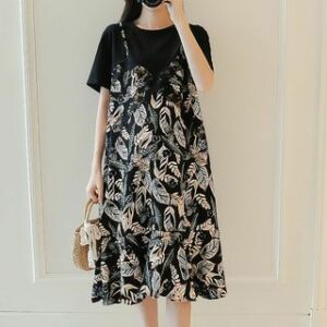 Maternity Short-Sleeve Crew Neck Leaf Print Midi Smock Dress