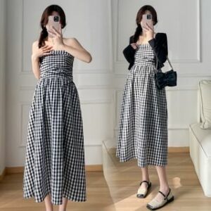 Maternity Strapless Plaid Midi A-Line Dress / Plain Cardigan / Set