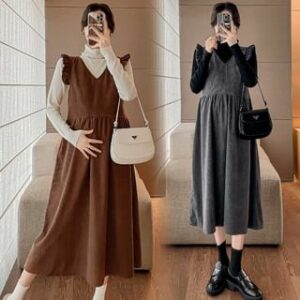 Maternity V-Neck Plain Corduroy Midi A-Line Pinafore Dress / Long-Sleeve Turtleneck Knit Top