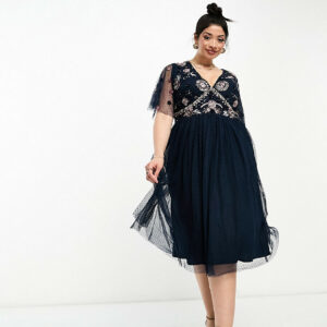 Maya Plus embellished midi dress with tulle skirt in navy-Blue