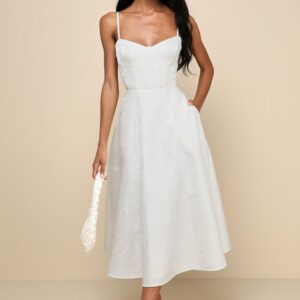 Meet for Tea White Jacquard Bustier Midi Dress With Pockets