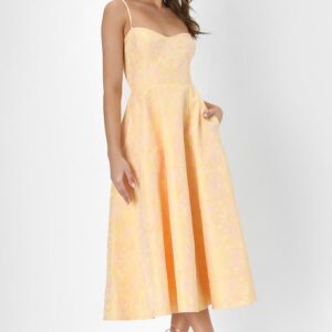 Meet for Tea Yellow Jacquard Bustier Midi Dress With Pockets