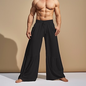 Men's Culottes Wide Leg Linen Pants Trousers Summer Pants Patchwork Drawstring Elastic Waist Plain Comfort Breathable Casual Daily Holiday Linen Cotton Blend F