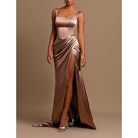 Mermaid / Trumpet Evening Gown High Split Dress Cocktail Party Dress Floor Length Sleeveless Scoop Neck Bridesmaid Dress Satin with Ruched 2024