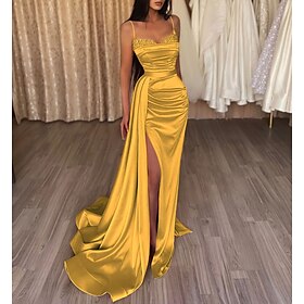 Mermaid / Trumpet Evening Gown Sparkle Prom Dress Wedding Guest Ruched Sweep / Brush Train Sleeveless Spaghetti Strap Satin with Slit 2024