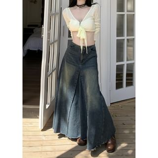 Mid Rise Washed Frayed Maxi A-Line Denim Skirt