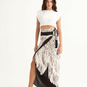 Midi Wrap Pareo Sarong Skirt Bow Tie Front With Circular Hemline, Beach Skirt, Cover Up "Macrame Black'