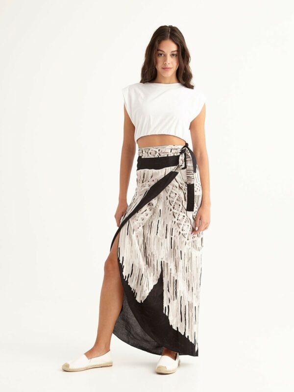 Midi Wrap Pareo Sarong Skirt Bow Tie Front With Circular Hemline, Beach Skirt, Cover Up "Macrame Black'