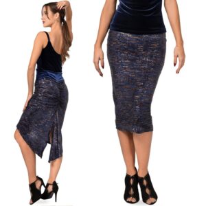 Milonga Fishtail Skirt, Argentine Tango Festive Sparkling Sequin Dark Blue Paillette Velvet Waist Elastic Fitted Skirt