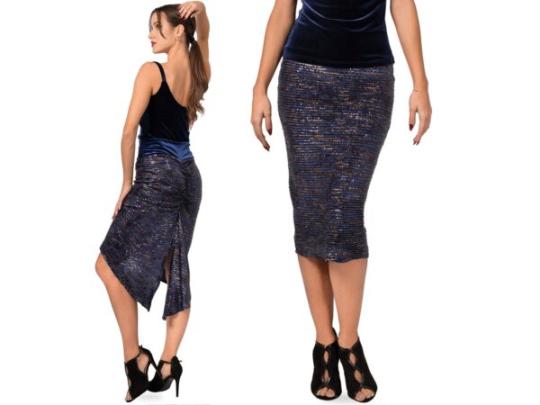 Milonga Fishtail Skirt, Argentine Tango Festive Sparkling Sequin Dark Blue Paillette Velvet Waist Elastic Fitted Skirt