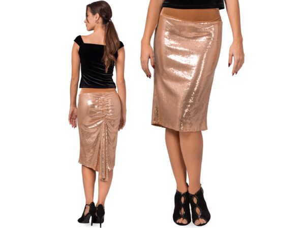 Milonga Fishtail Skirt, Sparkling Gold Paillette Argentine Tango Shiny Sequin Knee Ballroom Dance Bachata Skirt