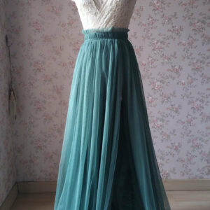 Misty Green Side Slit Tulle Skirt Outfit Bridesmaid Plus Size Tulle Maxi Skirt