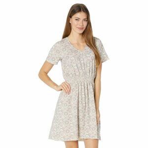 Mod-o-doc Paisley Printed Jersey Short Sleeve V-Neck Smock Waist Dress (Linen Sand) Women's Clothing