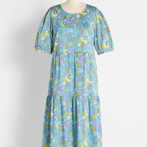 ModCloth High Tea, High Time Midi Dress in Sea Blue Floral, Size Medium