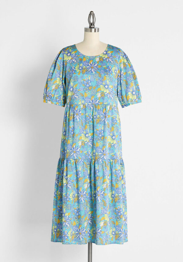 ModCloth High Tea, High Time Midi Dress in Sea Blue Floral, Size Medium