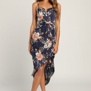 My Favorite Day Navy Blue Floral Print Tulip Skirt Midi Dress