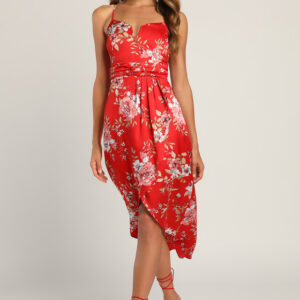 My Favorite Day Red Floral Print Tulip Skirt Midi Dress