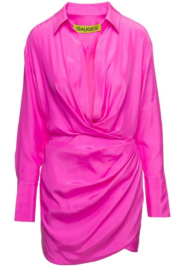 'Naha' Draped Shirt Mini Hot Pink Dress In Silk Woman Gauge81