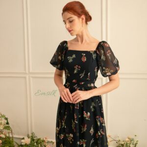 Navy Floral Off Shoulder Chiffon Dress/Summer Dress/Floral Dress/Tea Dress/Dead Stock Korea Chiffon/Puffed Sleeves Dress