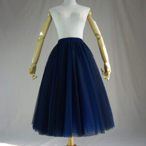 Navy Tea Length Tulle Skirt Women Custom Plus Size Navy Dot Tulle Skirt