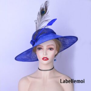 New Cobalt Blue Royal Hat Large Dress Church Sinamay Hatinator with Peacock Feather Kentucky Derby Royal Wedding Tea Party Races