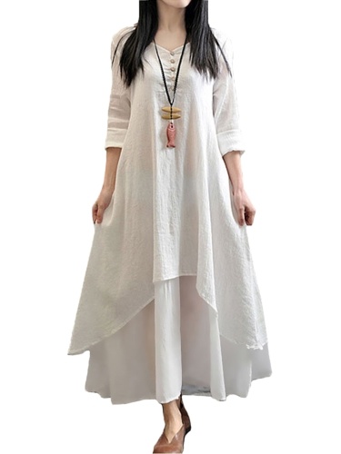 New Fashion Women Casual Loose Dress Solid Long Sleeve Cotton Linen Boho Long Maxi Dress