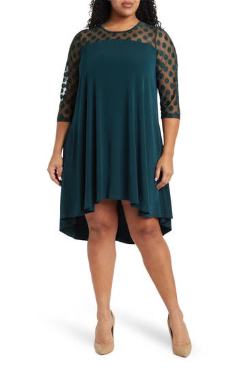 Nina Leonard High-Low Three-Quarter Sleeve Trapeze Dress in Rich Pine at Nordstrom Rack, Size 1X