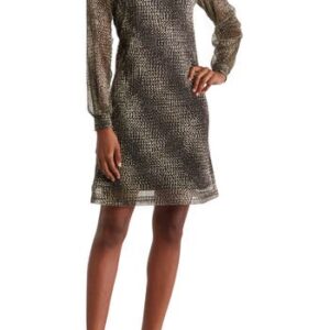 Nina Leonard Smock Neck Float Foiled Print Dress in Black/Gold at Nordstrom Rack, Size X-Large