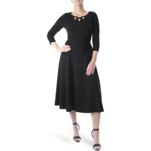 Nina Leonard Sylvia Grommet Split Neck Tea Dress in Black at Nordstrom Rack, Size Large