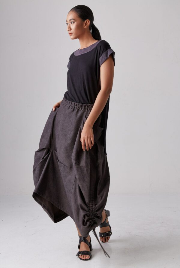 No.299 Women's Exposed-Seam Detail Asymmetrical Skirt, Drawstring Midi A-Line Skirt in Gray