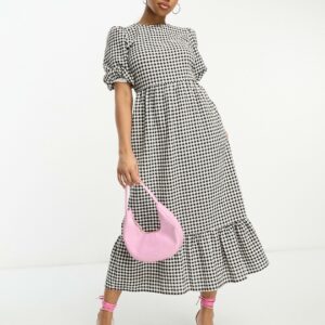 Nobody's Child Maria lace up back smock midi dress in mono gingham-Black