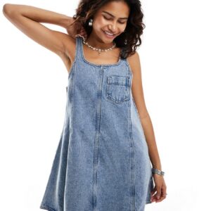 Noisy May denim pinafore dress in mid wash blue